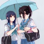  2girls bag bangs black_hair blue_eyes blue_hair blue_neckwear blue_sailor_collar blue_skirt blue_umbrella blush brown_eyes closed_mouth eyebrows_visible_through_hair from_side grey_background hair_between_eyes hibike!_euphonium holding holding_umbrella kasaki_nozomi kitauji_high_school_uniform liz_to_aoi_tori long_hair looking_at_another multiple_girls neckerchief neckwear ponytail rain sailor_collar school_bag school_uniform serafuku shirt short_sleeves sidelocks simple_background skirt standing umbrella watch watch white_shirt yoroizuka_mizore yuuyu_(777) 