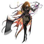  1girl armor axe bamuth brown_hair gauntlets highres holding holding_axe holding_skull holding_weapon huge_weapon lantern long_hair original parted_lips simple_background sketch skull slit_pupils smile solo torn_clothes vambraces violet_eyes weapon wet white_background 