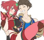 1boy 1girl baffu bangs blue_skirt blue_vest blush breasts brown_gloves brown_hair carrying closed_eyes earrings eyebrows_visible_through_hair fingerless_gloves gloves grin hetero pyra_(xenoblade) jewelry large_breasts princess_carry red_eyes red_legwear red_shorts redhead rex_(xenoblade_2) short_shorts shorts simple_background skirt smile swept_bangs thigh-highs tiara vest white_background xenoblade_(series) xenoblade_2 