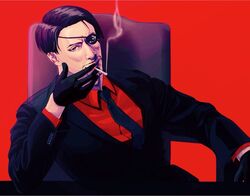  1boy black_gloves black_hair black_suit chair cigarette error eyepatch formal gloves kopiko49 long_sleeves majima_gorou male_focus red_background red_shirt ryuu_ga_gotoku shirt sitting smoking solo suit 