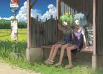  2girls bench blue_dress blue_eyes blue_hair blue_sky bow bus_stop cirno closed_eyes clouds commentary corrugated_galvanised_iron_sheet cravat daiyousei day dilapidated dress fairy_wings forest green_hair hair_bow highres looking_at_another multiple_girls nature nemu_kotatsu one_side_up open_mouth outdoors pinafore_dress puffy_short_sleeves puffy_sleeves rice_paddy road_sign ruins rust sandals shirt short_hair short_sleeves side-by-side sideways_glance sign sitting sky summer touhou white_footwear white_shirt wings yellow_neckwear 