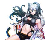  1girl animal_ear_fluff animal_ears arknights bangs bare_shoulders black_scarf black_shorts breasts cat_ears character_name chromatic_aberration commentary crop_top er-mint hair_between_eyes highres jacket large_breasts long_hair long_sleeves looking_at_viewer midriff navel off_shoulder scarf schwarz_(arknights) short_shorts shorts silver_hair simple_background solo stomach white_background white_jacket yellow_eyes 