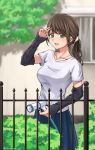  1girl arm_warmers blurry brown_hair commentary_request depth_of_field detached_sleeves eyebrows_visible_through_hair fence green_eyes highres holding hose jewelry looking_at_viewer necklace original outdoors partial_commentary ponytail setu_kurokawa solo sweat 