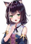  1girl :d animal_ear_fluff animal_ears aroa_(aroamoyasi) bangs bare_shoulders black_hair blush cat_ears cat_girl detached_sleeves eyebrows_visible_through_hair fang gem green_eyes karyl_(princess_connect!) long_hair long_sleeves looking_at_viewer low_twintails multicolored multicolored_clothes multicolored_hair open_mouth princess_connect! princess_connect!_re:dive simple_background skin_fang smile solo streaked_hair twintails upper_body v-shaped_eyebrows white_background white_hair 