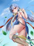  1girl absurdres ahoge ass bangs blue_hair breasts day epic7 from_below hand_up highres kneehighs long_hair looking_at_viewer looking_back low_twintails outdoors parted_bangs ravirihiseea_vizzall_(epic7) red_eyes saberdesu small_breasts solo thighs twintails 
