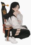  1girl black_hair black_pants cropped_jacket earrings eriol_s2 grey_eyes highres hoop_earrings jacket jewelry lipstick long_hair looking_at_viewer makeup original pants shoes simple_background skateboard sneakers solo squatting white_footwear white_jacket 