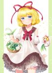  1girl bangs basket blonde_hair bloomers blue_eyes bow bowtie closed_mouth collarbone commentary_request cowboy_shot detached_sleeves doll dress eyebrows_visible_through_hair flower hair_ribbon holding holding_flower lily_of_the_valley looking_at_viewer medicine_melancholy mito_tsubaki petticoat pillarboxed puffy_short_sleeves puffy_sleeves red_bow red_neckwear red_ribbon ribbon short_hair short_sleeves smile su-san touhou underwear white_dress white_flower wings 