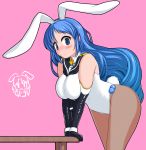  1girl adapted_costume alternate_breast_size animal_ears bangs black_gloves black_legwear blue_eyes blue_hair blush breasts bunny_girl bunny_tail elbow_gloves gloves jini_ya1 kantai_collection large_breasts long_hair navel nipples nose_blush pink_background playboy_bunny rabbit_ears revealing_clothes samidare_(kantai_collection) simple_background solo suzukaze_(kantai_collection) swept_bangs table tail very_long_hair 