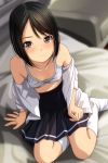  1girl absurdres arm_support bangs bare_shoulders bed black_hair black_skirt blurry blurry_background blush bow bow_bra bra brown_eyes closed_mouth depth_of_field eyebrows_visible_through_hair highres indoors kneehighs looking_at_viewer matsunaga_kouyou no_shoes nose_blush off_shoulder on_bed open_clothes open_shirt original pleated_skirt shirt sitting skirt solo striped striped_bra underwear white_legwear white_shirt yokozuwari 