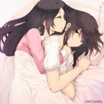  2girls artist_name black_hair blanket brown_eyes commentary_request drooling eyebrows_visible_through_hair frilled_sleeves frills head_on_pillow hug hug_from_behind long_hair lying multiple_girls on_bed on_side original parted_lips pink_shirt puffy_short_sleeves puffy_sleeves saliva shirt short_sleeves sleeping sts translation_request under_covers white_shirt yuri 