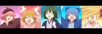  5girls :d ^_^ absurdres antennae arms_up bangs blonde_hair blue_bow blue_hair blue_kimono bow brown_hair brown_headwear brown_kimono cirno closed_eyes commentary_request eyebrows_visible_through_hair facing_viewer green_hair hair_between_eyes hair_bow hair_over_eyes hands_up hat hat_bow highres holding holding_hair japanese_clothes kimono letterboxed lily_white long_hair long_sleeves multiple_girls mystia_lorelei open_clothes open_mouth pink_hair pink_headwear pink_kimono red_bow rumia smile totoharu_(kujirai_minato) touhou wide_sleeves wriggle_nightbug 