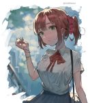  1girl bag blue_skirt blush bracelet breasts brown_hair candy collared_shirt day food godekasu green_eyes hair_ornament hair_scrunchie hairband hand_up head_tilt highres jewelry large_breasts lollipop looking_at_viewer medium_hair neck_ribbon original outdoors parted_lips pleated_skirt ponytail red_neckwear red_ribbon red_scrunchie ribbon school_uniform scrunchie shirt shoulder_bag skirt solo twitter_username upper_body white_shirt wing_collar wristband 