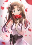  1girl bangs black_bow blurry_foreground bow brown_hair closed_mouth dress eyebrows_visible_through_hair fate/stay_night fate_(series) floating_hair flower gorogoronemuri gradient_hair green_eyes hair_bow hair_intakes highres holding holding_flower long_hair looking_at_viewer multicolored_hair petals red_flower redhead shiny shiny_hair sleeveless sleeveless_dress smile solo standing toosaka_rin twintails very_long_hair white_bow white_dress 