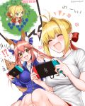  2girls :d ^_^ ^o^ ahoge ahoge_wag animal_ears blonde_hair blush closed_eyes doubutsu_no_mori expressive_hair fate/extra fate/grand_order fate_(series) fox_ears fox_girl fox_tail green_eyes highres jacket lips multiple_girls nero_claudius_(fate) nero_claudius_(fate)_(all) nintendo_switch open_mouth pink_hair simple_background smile tail tamamo_(fate)_(all) tamamo_no_mae_(fate) white_background yayoi_maka 