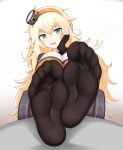  1girl :d absurdres bingbingzi black_gloves black_legwear blonde_hair blush feet fingerless_gloves girls_frontline gloves green_eyes hairband highres long_hair looking_at_viewer open_mouth s.a.t.8_(girls_frontline) sitting smile solo 