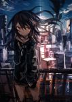  1girl absurdres bare_thighs black_hair black_jacket building city cityscape clouds commentary_request highres jacket kaamin_(mariarose753) long_hair looking_at_viewer original red_eyes sky v-shaped_eyebrows wind 