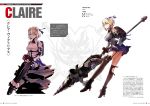  1girl ankle_boots ass asymmetrical_legwear backpack bag bangs bare_shoulders black_gloves blonde_hair blue_skirt boots bow bracelet breasts character_name claire_victorious concept_art detached_collar drill fingerless_gloves fingernails from_side full_body garter_straps gloves god_eater god_eater_3 hair_bow hand_on_hip high_heels highres holding holding_weapon jewelry kurumi_kobayashi long_legs looking_at_viewer medium_breasts official_art page_number parted_lips pink_eyes polearm pom_pom_(clothes) scan simple_background sitting skirt solo spear stats strapless thigh-highs thighs upskirt weapon white_background zettai_ryouiki 