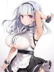  1girl absurdres anchor_choker apron azur_lane bangs bare_shoulders black_hairband blush breasts center_frills choker dido_(azur_lane) frilled_choker frills hairband highres large_breasts long_hair looking_at_viewer parted_lips simple_background under_boob underboob_cutout violet_eyes waist_apron white_apron white_background white_hair yayoichi_(yoruyoru108) 