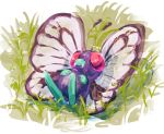  bug butterfly butterfree commentary creature english_commentary fangs full_body gen_1_pokemon grass hushcoil insect lying no_humans on_back pokemon pokemon_(creature) solo violet_eyes 