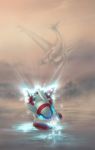  blue_eyes closed_mouth commentary creature english_commentary flying full_body gen_3_pokemon highres ja-punkster latias latios legendary_pokemon no_humans outdoors pink_eyes pokemon pokemon_(creature) signature sky smile water 