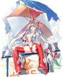  1girl adapted_costume baggy_pants bow breasts center_opening confetti day fujiwara_no_mokou full_body hair_bow highres holding holding_umbrella leotard long_hair long_sleeves looking_at_viewer medium_breasts midriff pants parasol parted_lips racequeen red_eyes shukusuri silver_hair sitting smile solo spread_legs sunlight touhou umbrella very_long_hair 