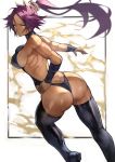  1girl 55level absurdres ass bangs bare_shoulders black_footwear black_leotard bleach boots breasts butt_crack closed_mouth dark_skin hand_on_hip highres leotard long_hair looking_at_viewer looking_back medium_breasts muscle muscular_female parted_lips ponytail purple_hair shihouin_yoruichi shiny shiny_hair simple_background skin_tight sleeveless smile solo thigh-highs thigh_boots thighs tied_hair vambraces 