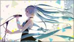 1girl bangs blue_bow blue_hair blue_ribbon blurry_foreground bow floating_hair from_side green_eyes hair_between_eyes hatsune_miku holding_microphone_stand long_hair music open_mouth profile ribbon singing sleeveless solo twintails very_long_hair vocaloid yamamoto_makuya 