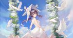  1girl arknights bangs bow breasts bride brown_eyes brown_hair choker clouds commentary_request day dress eyebrows_visible_through_hair flower hair_bow hat highres long_dress looking_at_viewer medium_breasts outdoors purestream_(arknights) sideboob sky twintails visor_cap wedding_dress white_bird white_butterfly white_dress white_flower wrist_cuffs yizhibao 