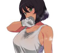  1girl black_hair blush breasts girls_und_panzer gloves green_eyes hair_between_eyes highres hoshino_(girls_und_panzer) iku_(ikuchan_kaoru) large_breasts short_hair solo sweat tan tank_top upper_body white_background white_gloves white_tank_top 