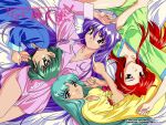  4girls aqua_eyes asymmetrical_bangs bangs bed_sheet company_name copyright_name dancing_blade dated eyebrows_visible_through_hair green_hair kijime_(dancing_blade) konami light_blue_hair logo long_hair long_sleeves looking_at_viewer lying momohime_(dancing_blade) multiple_girls nayotake_(dancing_blade) official_art oinu_(dancing_blade) pajamas purple_hair redhead short_hair short_sleeves smile v-neck very_long_hair violet_eyes 