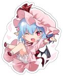  1girl ;d bat_wings bloomers blue_hair blush chibi commentary_request fang full_body hat looking_at_viewer mob_cap one_eye_closed open_mouth outstretched_arms pink_headwear red_eyes red_neckwear red_ribbon remilia_scarlet ribbon short_hair smile solo touhou underwear wings yuki_(popopo) 