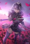  1girl ahoge arm_guards armor armored_boots armored_dress artist_name bangs blurry blurry_background boots breasts chain closed_mouth commentary_request damda depth_of_field dual_wielding dutch_angle eyebrows_visible_through_hair fate/grand_order fate_(series) floating_hair fur_trim gauntlets greaves hair_ornament headpiece holding holding_sword holding_weapon jeanne_d&#039;arc_(alter)_(fate) jeanne_d&#039;arc_(fate)_(all) large_breasts long_hair looking_at_viewer outdoors petals purple_legwear reaching revision sash sheath short_hair sidelocks silver_hair skindentation skirt smile solo sword symbol-shaped_pupils thigh-highs weapon white_hair wind wind_lift yellow_eyes zettai_ryouiki 