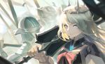  1girl armor blonde_hair blue_eyes charlotte_of_la_mare crown day epic7 flag gauntlets highres looking_at_viewer over_shoulder r1zen upper_body 