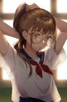  1girl arms_up blurry brown-framed_eyewear brown_eyes brown_hair bunching_hair connie_(keean2019) depth_of_field glasses hair_tie_in_mouth highres long_hair looking_at_viewer mouth_hold neckerchief original ponytail round_eyewear sailor_collar school_uniform serafuku shirt shirt_overhang short_sleeves sidelocks solo upper_body white_shirt 