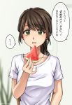  1girl absurdres blurry blurry_background brown_hair eyebrows_visible_through_hair food fruit green_eyes highres holding jewelry necklace original ponytail setu_kurokawa solo translated watermelon 