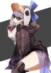  1girl absurdres animal_hood blue_eyes breasts eyebrows_visible_through_hair fate/grand_order fate_(series) hair_between_eyes highres hood licking_lips long_hair long_sleeves looking_at_viewer meltryllis meltryllis_(swimsuit_lancer)_(fate) no-kan penguin_hood purple_hair sleeves_past_fingers sleeves_past_wrists smile solo sunglasses tongue tongue_out very_long_hair 