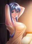  1girl absurdres alternate_hairstyle armpits arms_up bed bedroom blue_eyes blue_hair blush breasts eyebrows_visible_through_hair gotland_(kantai_collection) hair_between_eyes highres indoors kantai_collection long_hair looking_at_viewer mole mole_under_eye naked_towel open_mouth pillow ruin_re_birth solo towel 