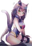  1girl animal_ears bare_arms bare_shoulders black_hair black_legwear breasts cat_ears cat_girl cat_tail gold_trim green_eyes hanato_(seonoaiko) highres karyl_(princess_connect!) long_hair looking_at_viewer low_twintails medium_breasts multicolored_hair neck_ribbon no_pants no_shoes open_mouth panties princess_connect! princess_connect!_re:dive purple_panties ribbon shirt simple_background sitting sleeveless sleeveless_shirt solo streaked_hair tail tail_raised thigh-highs thighs twintails underwear very_long_hair wariza white_background 