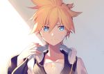  1boy bandage_on_face bass_clef black_collar black_sleeves blonde_hair blue_eyes collar collarbone commentary expressionless headphones headphones_around_neck headset holding_headphones kagamine_len looking_up male_focus sailor_collar school_uniform shirt short_ponytail sidelighting sinaooo solo spiky_hair upper_body vocaloid white_shirt 