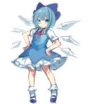  1girl bangs blue_bow blue_eyes blue_footwear blue_hair bow cirno collar dress eyebrows_visible_through_hair frilled_dress frilled_legwear frills full_body hair_bow hands_on_hips neck_ribbon paragasu_(parags112) red_neckwear ribbon short_hair short_sleeves sidelocks simple_background smile socks solo standing teeth touhou white_background 
