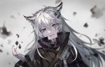  1girl :d animal_ears arknights bangs black_jacket black_nails commentary eyebrows_visible_through_hair fingerless_gloves gloves grey_background grey_eyes grey_gloves hair_between_eyes hair_ornament hairclip hand_up high_collar jacket lappland_(arknights) long_hair long_sleeves looking_at_viewer nail_polish open_mouth originium_arts_(arknights) scar scar_across_eye silver_hair smile solo touchika upper_body wolf_ears 
