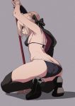  1girl armpits arms_up artoria_pendragon_(all) ass bikini black_bikini black_bow black_cape black_footwear black_legwear blonde_hair bow braid breasts brown_eyes cape fate/grand_order fate_(series) french_braid from_behind fu-ta full_body grey_background hair_bow highres kneeling looking_at_viewer looking_back mysterious_heroine_x_(alter) over-kneehighs shoes simple_background small_breasts solo swimsuit thigh-highs wrist_cuffs 