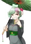  1girl absurdres aqua_ribbon breasts earrings fingernails flower gomesu_(gomes0343) green_hair green_umbrella grey_kimono grin hair_flower hair_ornament hair_ribbon haori highres holding holding_umbrella hotaru_(splatoon) humanization japanese_clothes jewelry kimono medium_breasts mole mole_under_eye obi oriental_umbrella pink_flower ribbon sash short_hair simple_background smile solo splatoon_(series) splatoon_2 teeth umbrella white_background white_flower yellow_eyes 