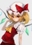  1girl :/ absurdres ascot blonde_hair commentary_request crystal dress flandre_scarlet flat_chest grey_background hakusyokuto hand_up hat highres leaning_back mob_cap one_side_up red_dress red_eyes simple_background solo touhou upper_body wings 