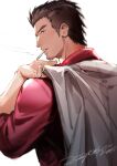  1boy 2021 birthday black_hair chorion0811 dated facial_hair grey_jacket hair_slicked_back highres holding holding_clothes holding_jacket jacket kiryuu_kazuma looking_back male_focus manly mature_male red_shirt ryuu_ga_gotoku shirt sideburns smoking upper_body 