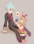  1boy 1girl bike_shorts blue_eyes blue_hair breasts brown_hair haruka_(pokemon) jewelry long_hair nyonn24 open_mouth pokemon pokemon_(game) pokemon_oras ribbon ring sexually_suggestive shorts simple_background smile tsuwabuki_daigo 