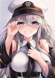  1girl absurdres azur_lane bangs bare_shoulders black_neckwear blush breasts coat crying crying_with_eyes_open enterprise_(azur_lane) eyebrows_visible_through_hair happy hat highres large_breasts long_hair looking_at_viewer military military_coat military_uniform naval_uniform necktie peaked_cap ryara_vivi shirt silver_hair skirt sleeveless sleeveless_shirt smile solo tears under_boob uniform very_long_hair violet_eyes white_shirt 