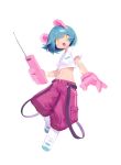  1girl animal_ears baggy_pants blue_hair charles_(106858) commentary copyright_request crop_top gloves highres light_blue_hair midriff mouse_ears mouse_girl multicolored multicolored_eyes orange_eyes pants pink_gloves shirt solo star star_tattoo symbol_commentary tagme tattoo walkie-talkie white_background white_shirt yellow_eyes 