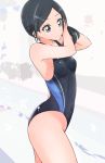  1girl black_eyes black_hair black_swimsuit breasts competition_swimsuit covered_navel cowboy_shot healin&#039;_good_precure highres long_hair one-piece_swimsuit precure sawaizumi_chiyu small_breasts solo standing stick308 swimsuit white_background 