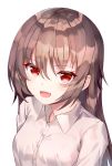  1girl absurdres brown_hair eyebrows_visible_through_hair fang hair_between_eyes highres long_hair looking_at_viewer open_mouth original red_eyes shirt simple_background smile solo surrender upper_body white_background white_shirt 